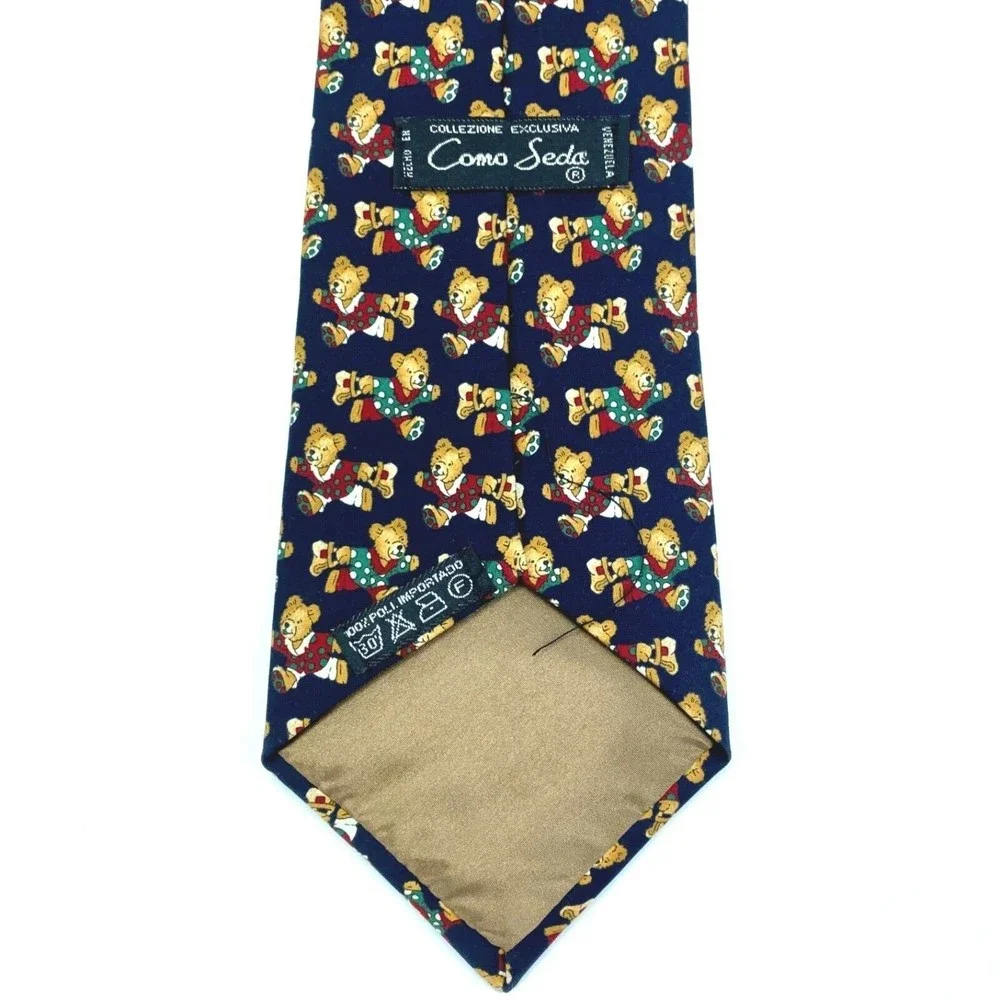Como Seda Necktie Christmas Bear in Polka Dot Pj's Navy Blue Green Red White Tie